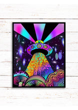 Load image into Gallery viewer, Alien UFO art Print. Mushrooms. Trippy. Psychedelic. A3, A4 ,A5 or 4”x6"