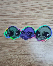 Load image into Gallery viewer, 3 Wise Aliens Holographic Sticker. Psychedelic Trippy sticker. UV Stickers - High quality Trippy sticker. Laptop sticker.