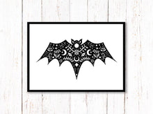 Load image into Gallery viewer, Bat Art Print. Stars Sun And Moon Print. Black And White Print. Beautiful Bat Print. Bat Artwork