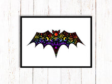 Load image into Gallery viewer, Bat Art Print. Stars Sun And Moon Print. Black And White Print. Beautiful Bat Print. Bat Artwork