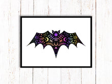 Load image into Gallery viewer, Bat Art Print. Stars Sun And Moon Print. Black And White Print. Beautiful Bat Print. Bat Artwork