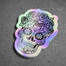 Load image into Gallery viewer, Holographic Sugar Skull Sticker. High quality Trippy sticker.