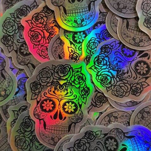 Holographic Sugar Skull Sticker. High quality Trippy sticker.