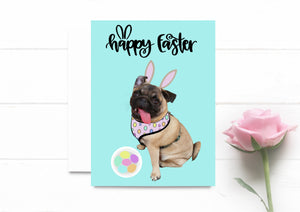 Easter Pug Card. Cute Easter Dog Card. Pug Dog. Easter Bunny Card. Easter Puggy. Funny Greeting Card