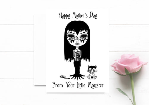 Little Monster Mother’s Day Card. Cute Goth Greeting Card. Funny Creepy Card. Little Devil