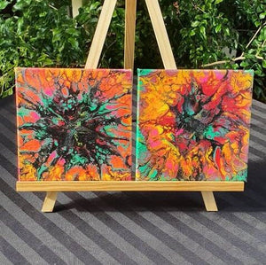 Set Of 2 Abstract Paintings. Fluid Art Rainbow Acrylic. Canvas Wall Hangings. Artwork