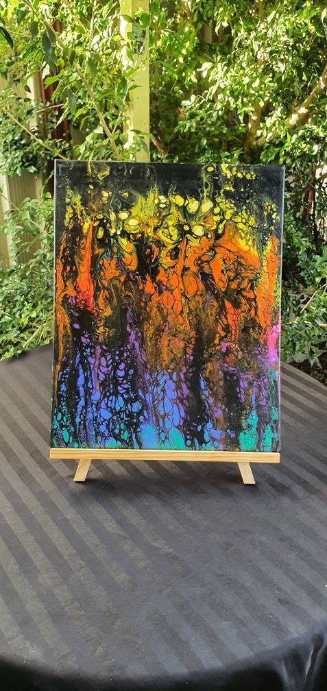 Fluid Art Acrylic Painting. Abstract Psychedelic Trippy. Canvas Artwork. Black Rainbow Rain