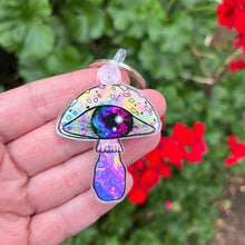 Load image into Gallery viewer, Mushroom Eyeball Keyring Keychain. Trippy Mushroom Keychain. Psychedelic Keyring. Acrylic Case Keychain