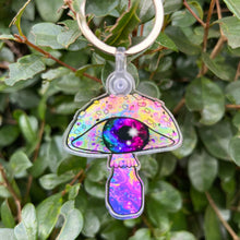 Load image into Gallery viewer, Mushroom Eyeball Keyring Keychain. Trippy Mushroom Keychain. Psychedelic Keyring. Acrylic Case Keychain