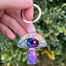 Load image into Gallery viewer, Mushroom Eyeball Keyring Keychain. Trippy Mushroom Keychain. Psychedelic Keyring. Acrylic Case Keychain