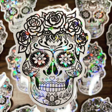 Load image into Gallery viewer, Large Clear Sugar Skull Sticker. Clear Holographic Stickers - High quality Trippy sticker.