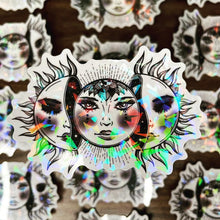 Load image into Gallery viewer, Large Clear Holographic Sun And Moon Sticker. Waterproof Sticker. Flask Sticker. High quality Trippy Stickers. Laptop Sticker