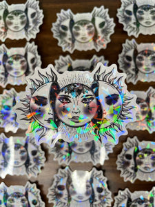 Large Clear Holographic Sun And Moon Sticker. Waterproof Sticker. Flask Sticker. High quality Trippy Stickers. Laptop Sticker