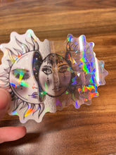 Load image into Gallery viewer, Large Clear Holographic Sun And Moon Sticker. Waterproof Sticker. Flask Sticker. High quality Trippy Stickers. Laptop Sticker