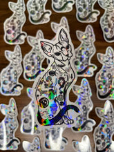 Load image into Gallery viewer, Large Sphynx Cat Clear Sticker. Clear Holographic Halloween Tattooed Cat Sticker. High quality Trippy sticker