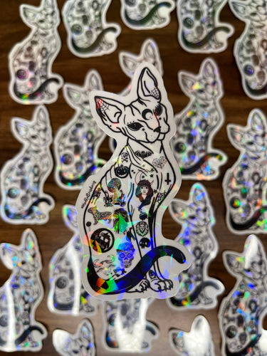 Large Sphynx Cat Clear Sticker. Clear Holographic Halloween Tattooed Cat Sticker. High quality Trippy sticker