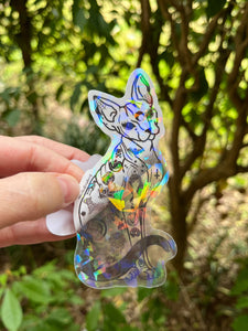 Large Sphynx Cat Clear Sticker. Clear Holographic Halloween Tattooed Cat Sticker. High quality Trippy sticker