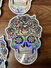 Load image into Gallery viewer, Large Clear Sugar Skull Sticker. Clear Holographic Stickers - High quality Trippy sticker.