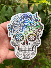 Load image into Gallery viewer, Large Clear Sugar Skull Sticker. Clear Holographic Stickers - High quality Trippy sticker.