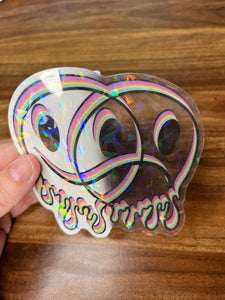 Large Clear Happy Sad Face Sticker. Melting Smiley Face Trippy sticker. Clear Holographic Laptop Sticker.