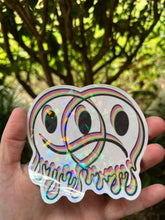 Load image into Gallery viewer, Large Clear Happy Sad Face Sticker. Melting Smiley Face Trippy sticker. Clear Holographic Laptop Sticker.