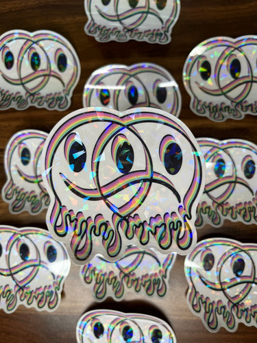 Large Clear Happy Sad Face Sticker. Melting Smiley Face Trippy sticker. Clear Holographic Laptop Sticker.