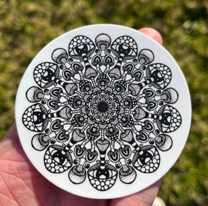 Mushroom Mandala Sticker. Circle Black And White Mushroom Mandala Waterproof Sticker. Laptop Stickers