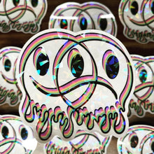 Load image into Gallery viewer, Large Clear Happy Sad Face Sticker. Melting Smiley Face Trippy sticker. Clear Holographic Laptop Sticker.