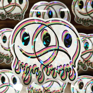 Large Clear Happy Sad Face Sticker. Melting Smiley Face Trippy sticker. Clear Holographic Laptop Sticker.