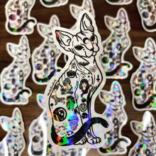 Load image into Gallery viewer, Large Sphynx Cat Clear Sticker. Clear Holographic Halloween Tattooed Cat Sticker. High quality Trippy sticker