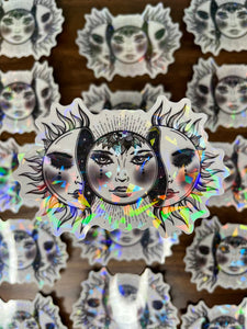 Large Clear Holographic Sun And Moon Sticker. Waterproof Sticker. Flask Sticker. High quality Trippy Stickers. Laptop Sticker