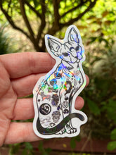 Load image into Gallery viewer, Large Sphynx Cat Clear Sticker. Clear Holographic Halloween Tattooed Cat Sticker. High quality Trippy sticker