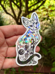 Large Sphynx Cat Clear Sticker. Clear Holographic Halloween Tattooed Cat Sticker. High quality Trippy sticker