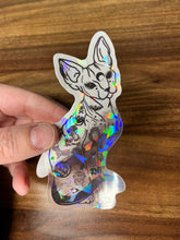 Load image into Gallery viewer, Large Sphynx Cat Clear Sticker. Clear Holographic Halloween Tattooed Cat Sticker. High quality Trippy sticker