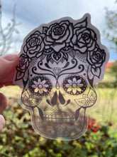 Load image into Gallery viewer, Large Clear Sugar Skull Sticker. Clear Holographic Stickers - High quality Trippy sticker.