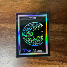 Load image into Gallery viewer, The Moon Tarot Card Holographic Sticker. Waterproof Stickers. High quality Trippy Stickers. Laptop Sticker.