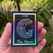 Load image into Gallery viewer, The Moon Tarot Card Holographic Sticker. Waterproof Stickers. High quality Trippy Stickers. Laptop Sticker.