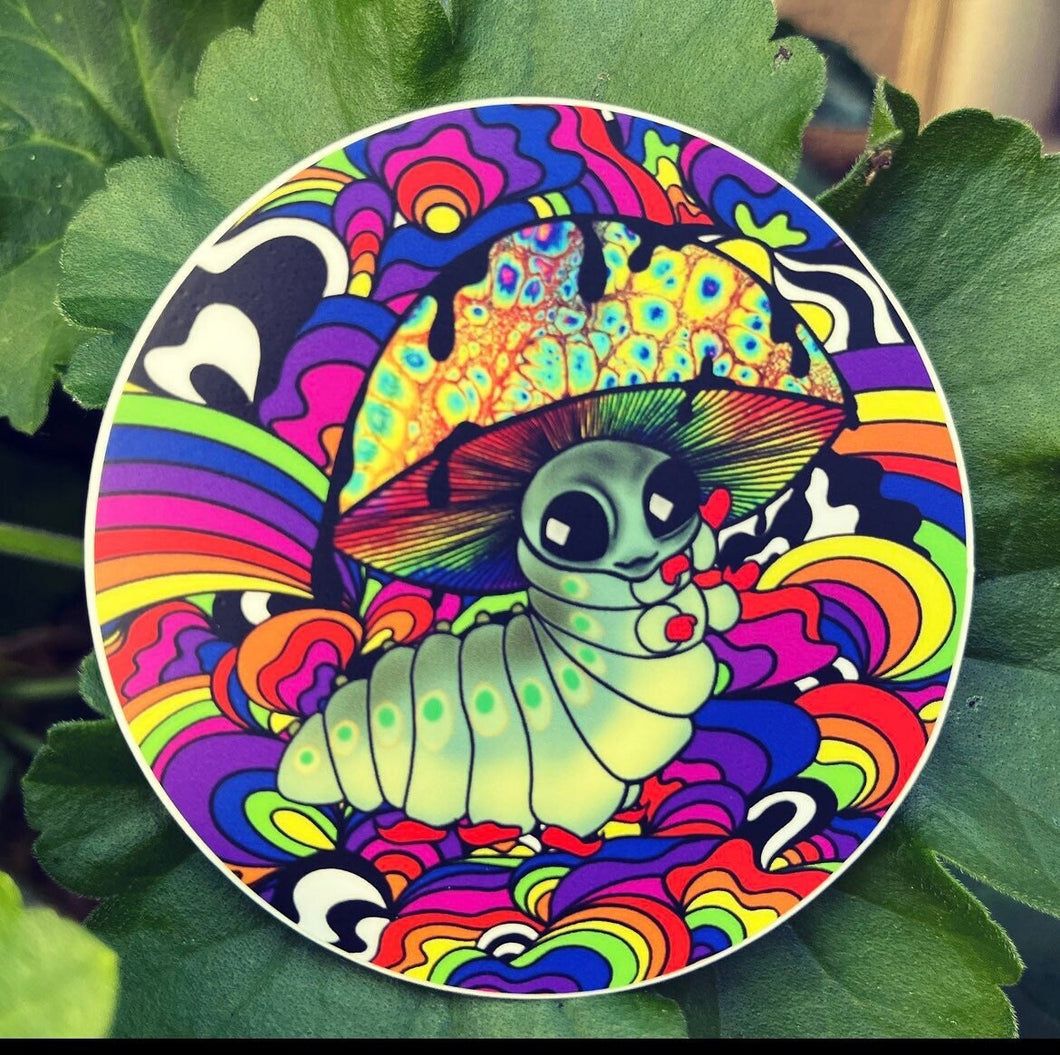 Caterpillar Mushroom Trippy Sticker. Psychedelic Stickers