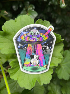 Alien UFO cow abduction. Vending machine sticker. Alien Sticker