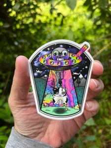 Alien UFO cow abduction. Vending machine sticker. Alien Sticker