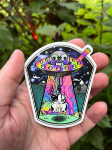 Alien UFO cow abduction. Vending machine sticker. Alien Sticker