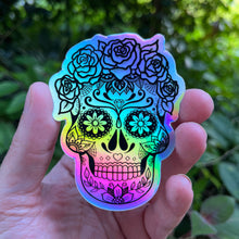 Load image into Gallery viewer, Holographic Sugar Skull Sticker. High quality Trippy sticker.