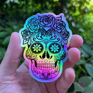 Holographic Sugar Skull Sticker. High quality Trippy sticker.