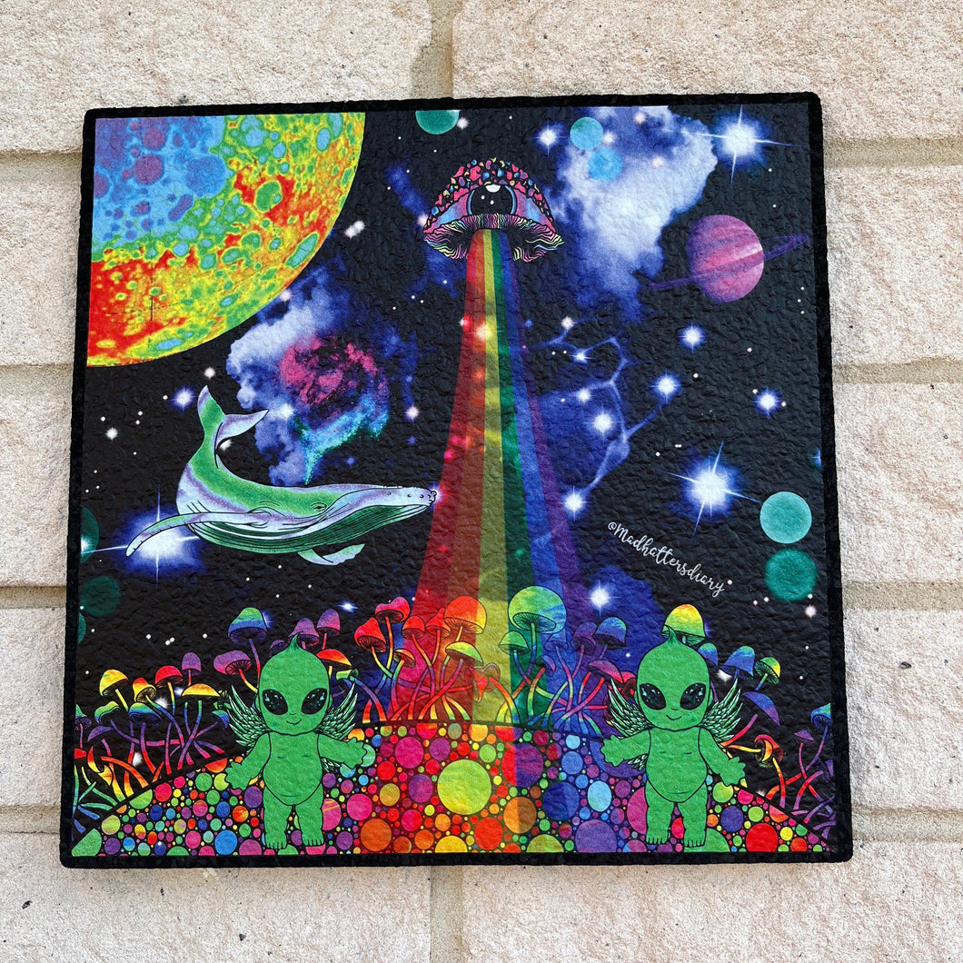 Moodmat Mushroom Planet. Moodmats. Alien Art Trippy Decor. 12” x 12” Large Rubber Coaster