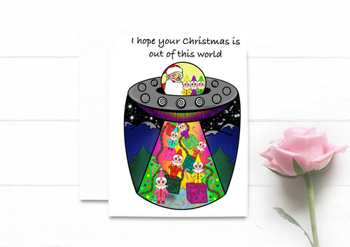 Santa and elves Christmas ufo abduction. Elf babies Christmas card. Funny Christmas cards. Cute card.