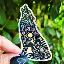 Load image into Gallery viewer, Wolf Holographic Sticker. Sun And Moon Sticker. Witchy Sticker. Laptop Sticker. Wolf Howling Sticker. High quality Trippy Sticker