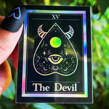 Load image into Gallery viewer, The Devil Tarot Card Holographic Sticker. Waterproof Stickers. High quality Trippy Stickers. Laptop Sticker.