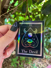 Load image into Gallery viewer, The Devil Tarot Card Holographic Sticker. Waterproof Stickers. High quality Trippy Stickers. Laptop Sticker.