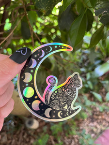 Cat Sitting on Moon Holographic Sticker. Sun And Moon Sticker. Witchy Sticker. Black Cat. Cat Sticker. High quality Trippy Sticker