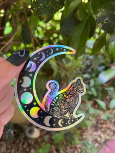 Cat Sitting on Moon Holographic Sticker. Sun And Moon Sticker. Witchy Sticker. Black Cat. Cat Sticker. High quality Trippy Sticker